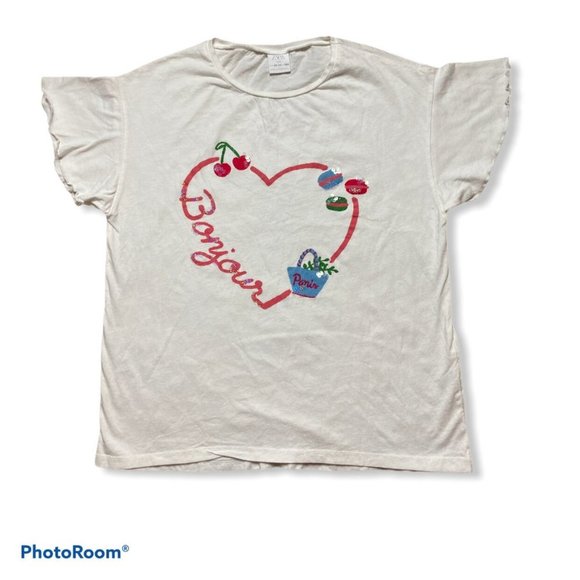 Zara Girl’ Flutter Sleeve T-Shirt With Cherry Graphic Girl’s Size 14  [K36] - Picture 1 of 4